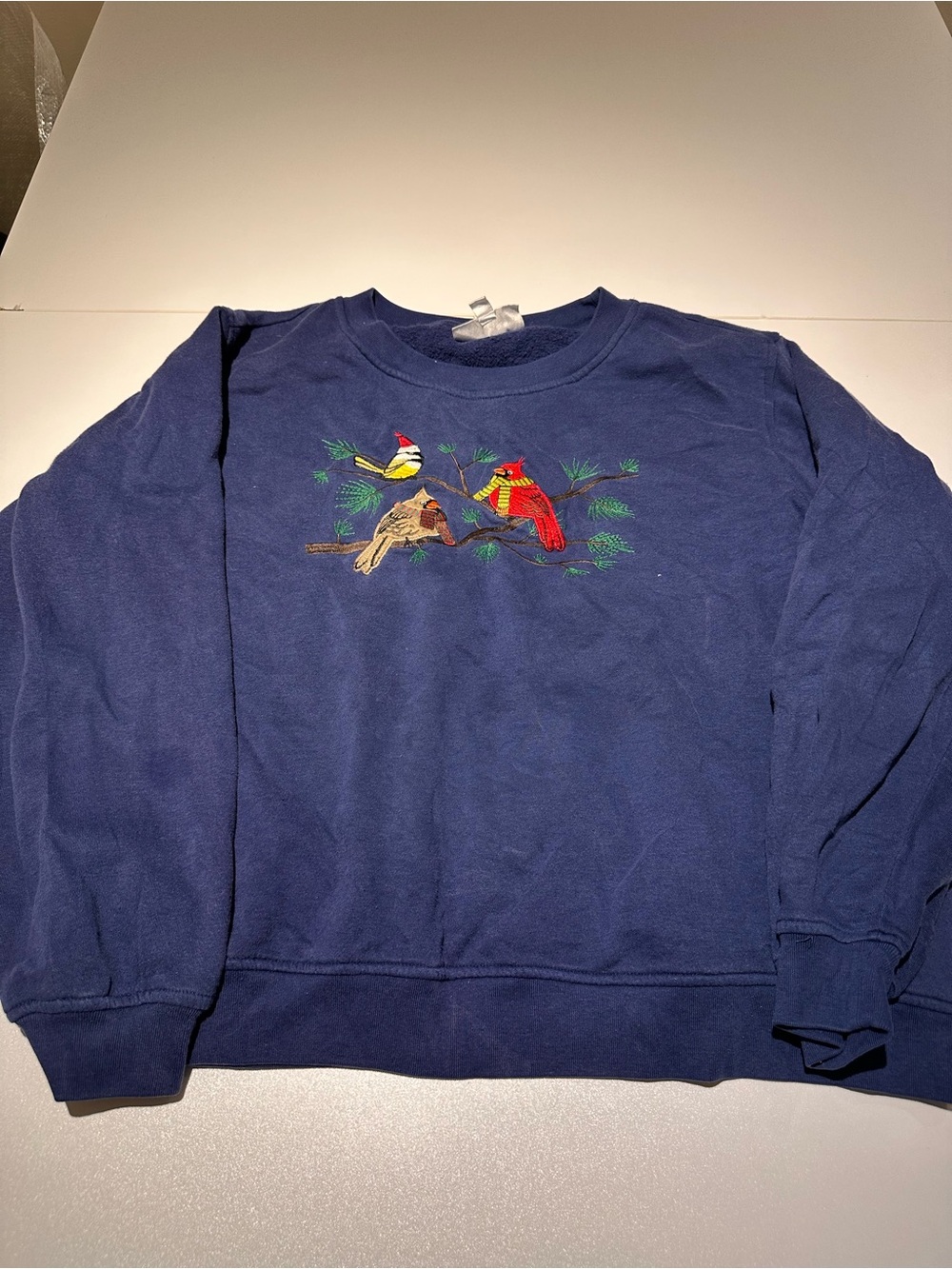 Rebecca Malone Navy Crewneck Sweatshirt with Embroidered Cardinals